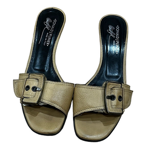 Donald J Pliner Beige Tan Leather Buckle Mule Kitten Slides - Size 8